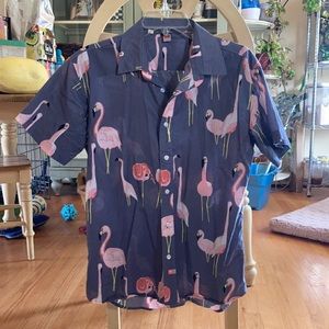 AMBSN - short sleeve flamingo button up shirt - Small - Grey